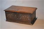 A very small Charles I oak boarded box.